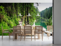 Forest lake trail mural behind sofa, modern home styling backdrop with green tones