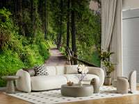 Emerald Lake Trail Wall Mural in living space, mountain lake trail feature wall in greens