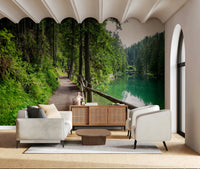 Mountain trail lake mural in home office, scenic backdrop for work zone