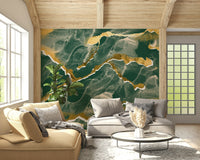 Luxe emerald green Marble Wallpaper mural featuring an abstract design with striking golden veins.