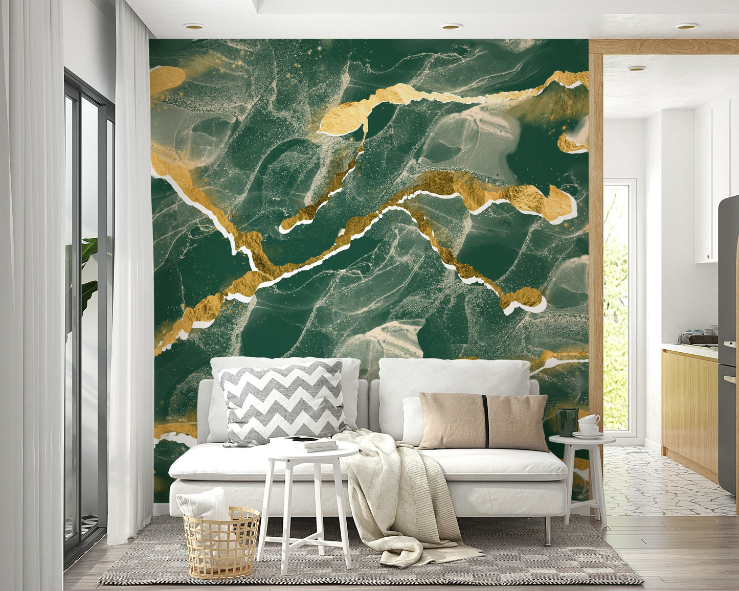 Close-up of the Golden Veins Emerald Marble Wallpaper, showcasing its modern, luxe abstract pattern.