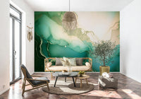 Luxurious marble-inspired wall mural with deep emerald tones and elegant fluid patterns.