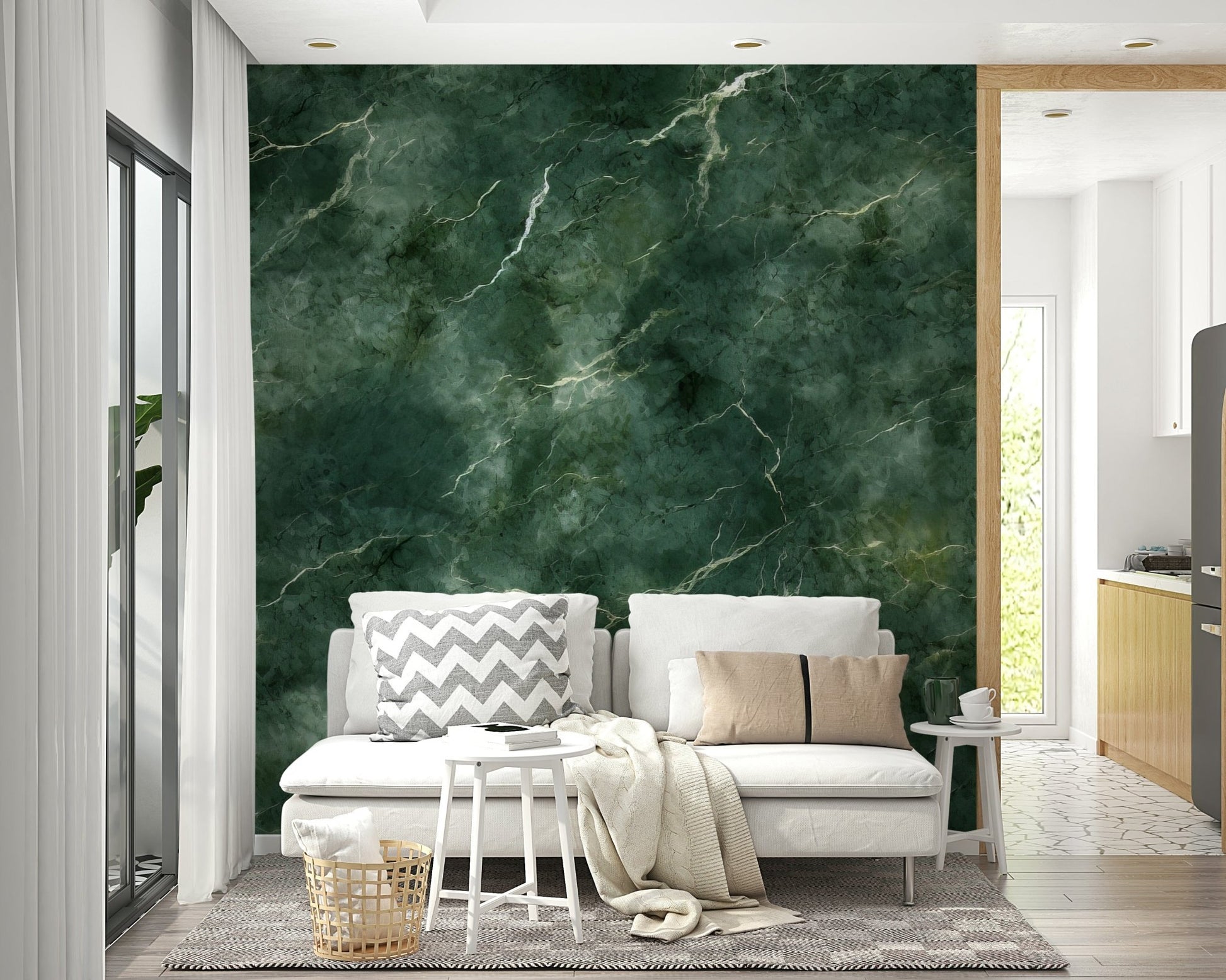 Luxurious emerald marble wallpaper with dynamic swirls for modern and classic interiors.