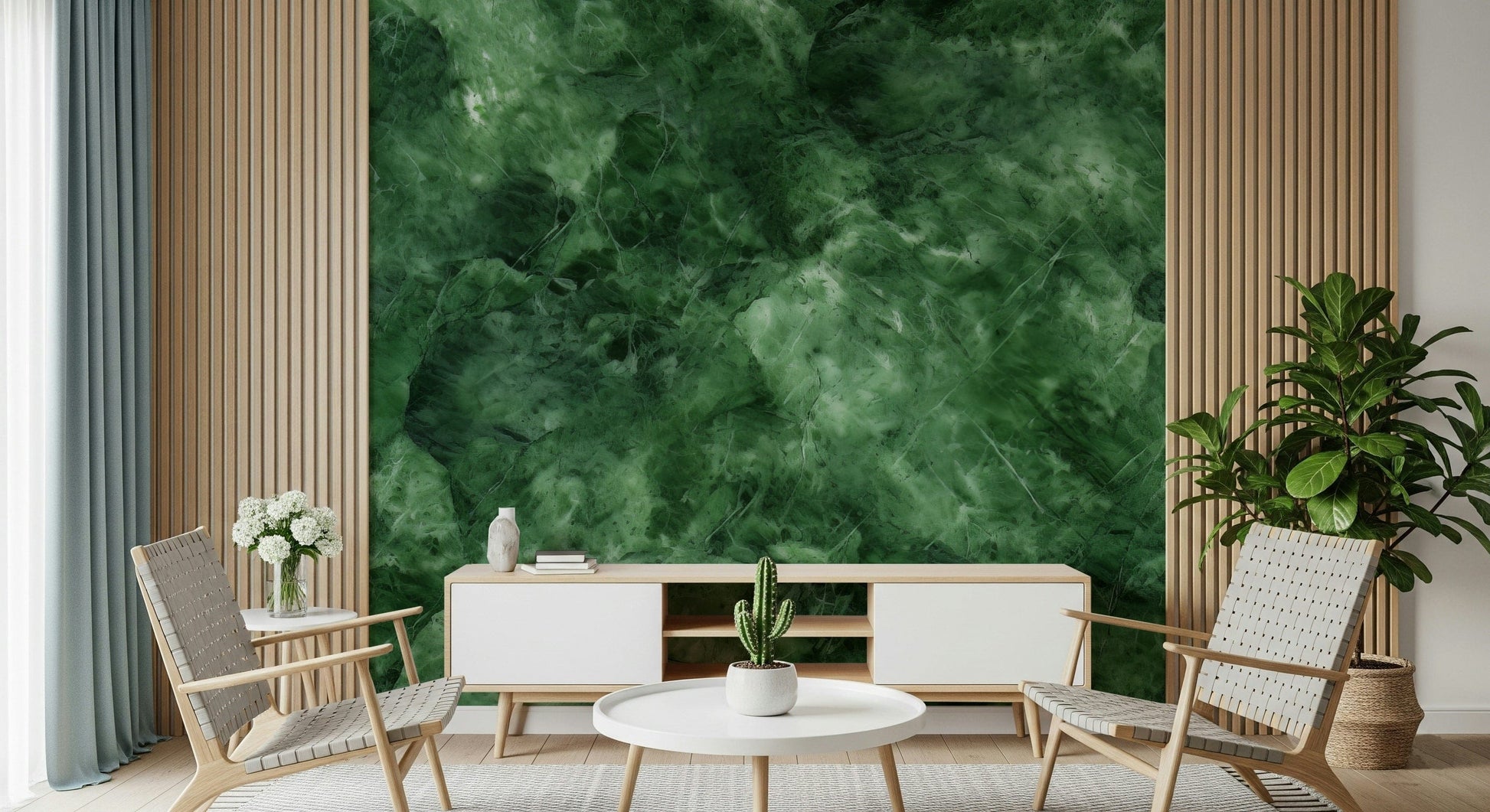 Luxurious emerald marble wallpaper with flowing veins for elegant and stylish decor.