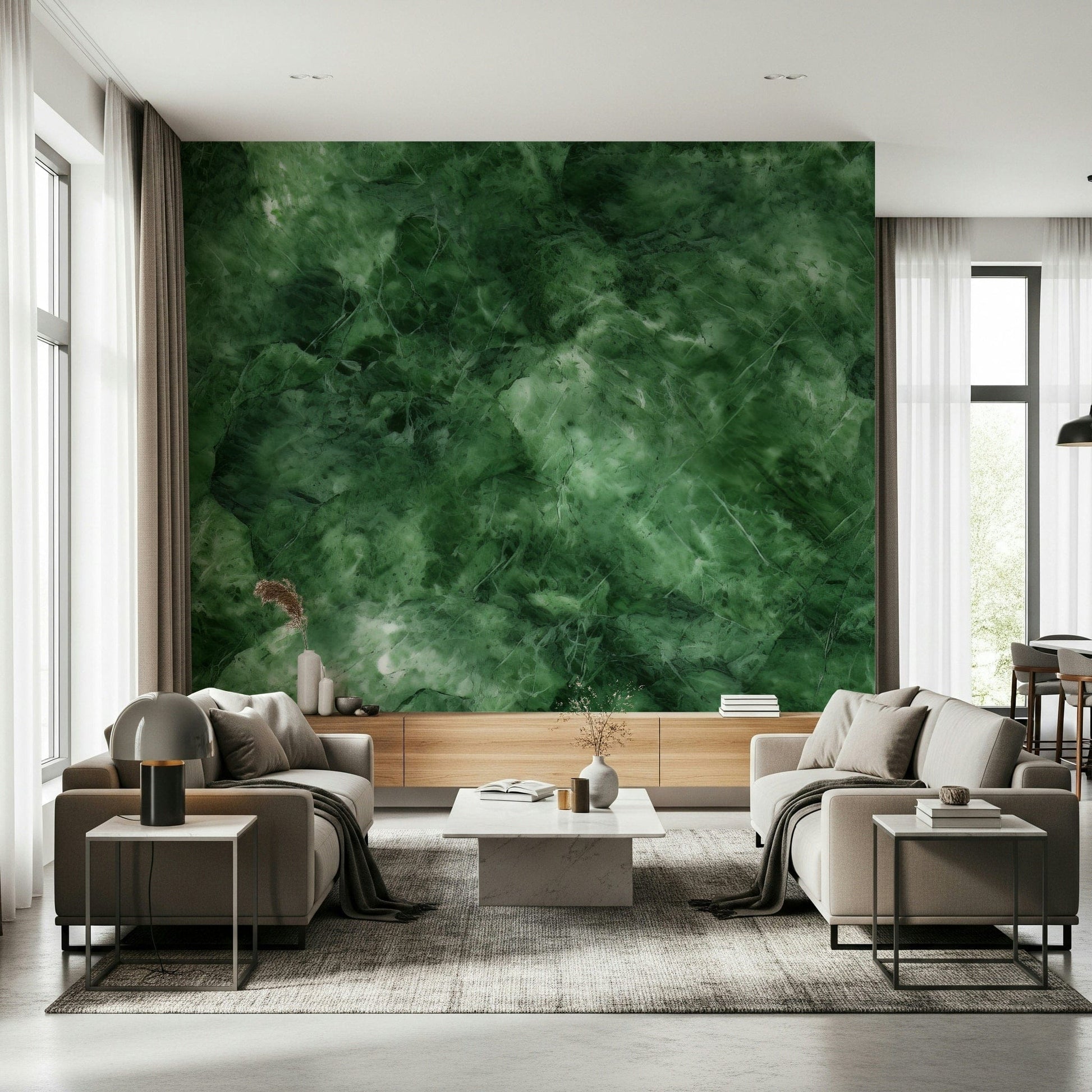 Emerald Veins Wall Mural featuring deep green marble textures with natural vein patterns.