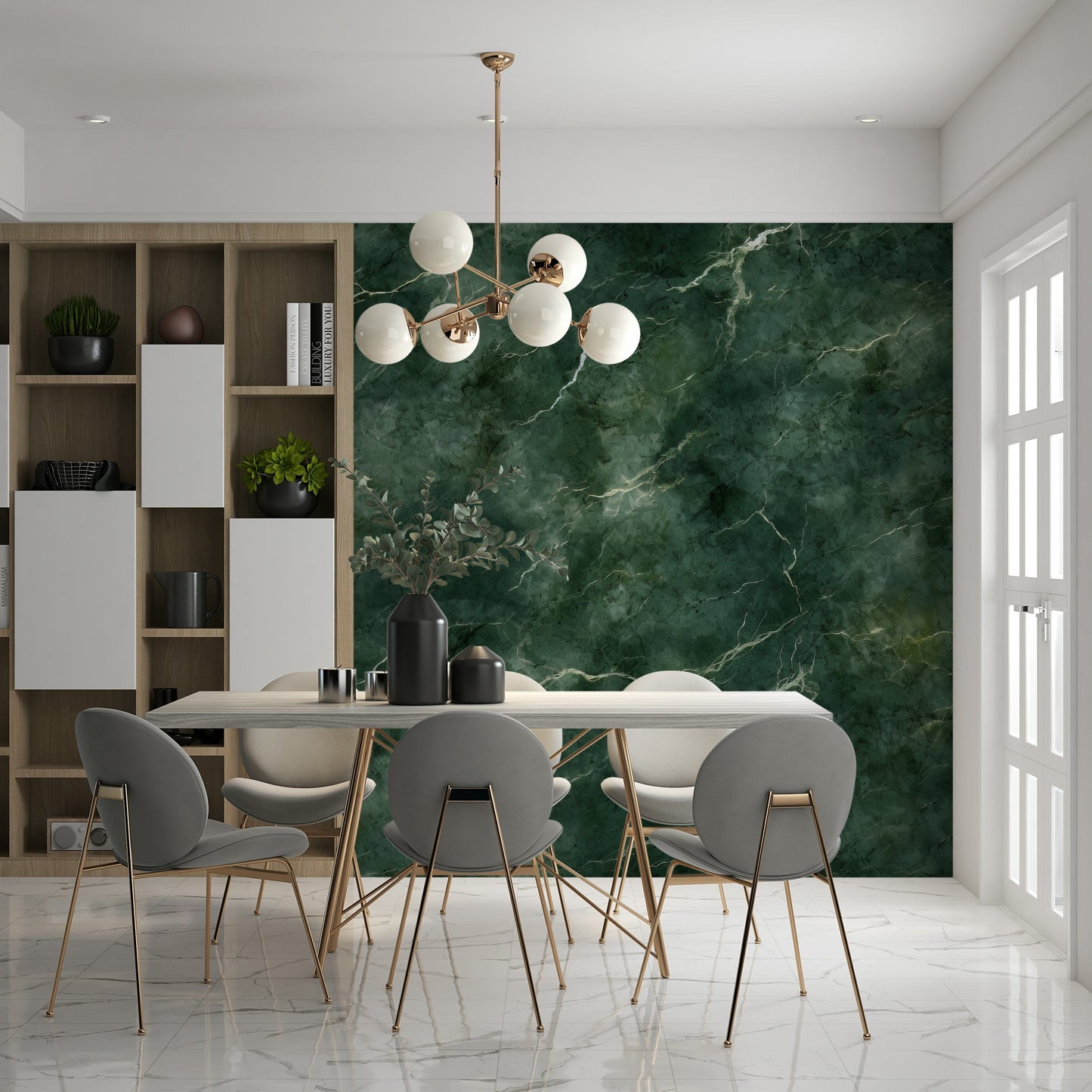 Wall mural depicting swirling emerald veins in luxurious marble-inspired textures.