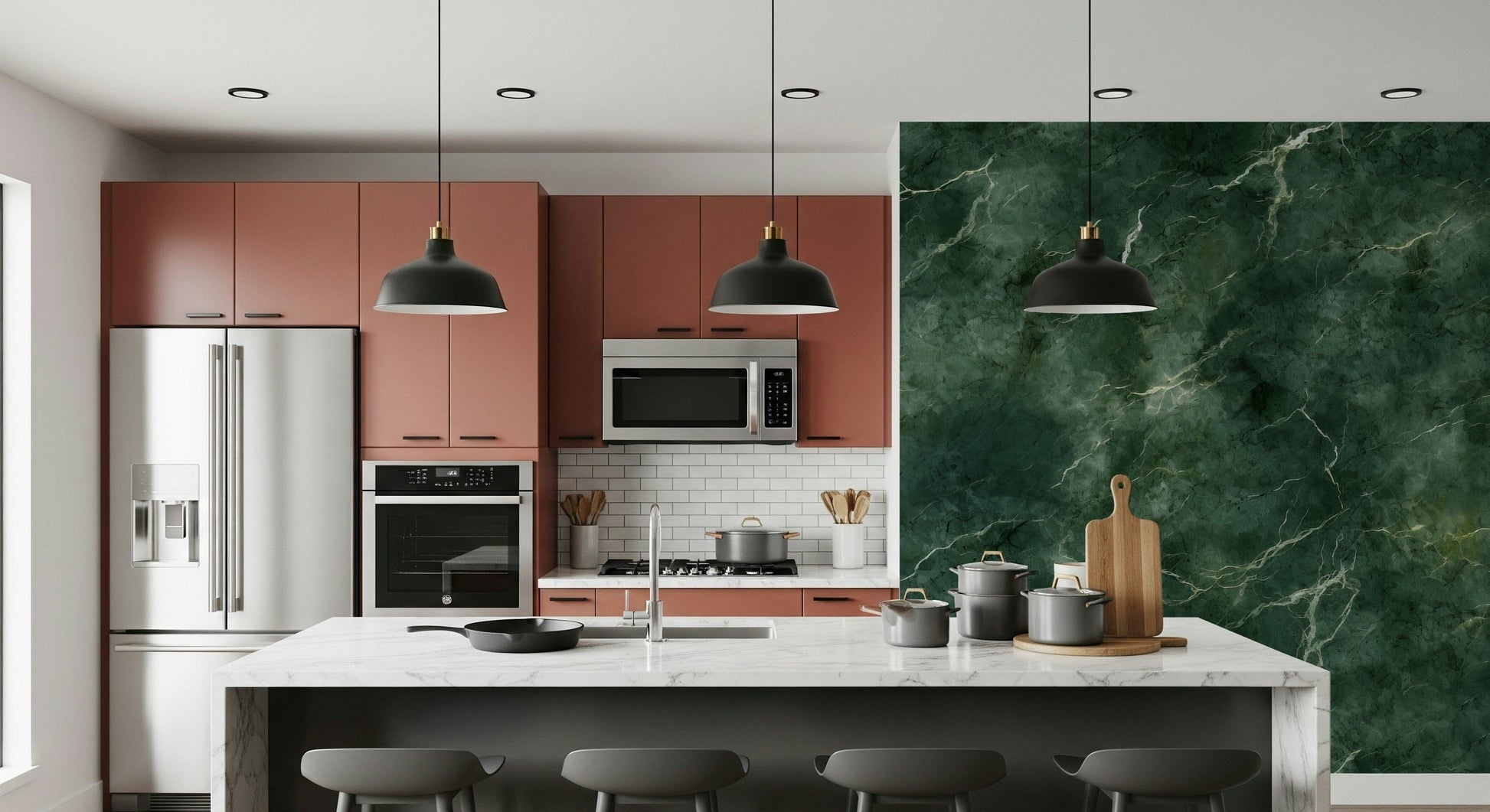 Emerald Marble Swirl Wall Mural — organic marble textures with deep green hues and swirling patterns.