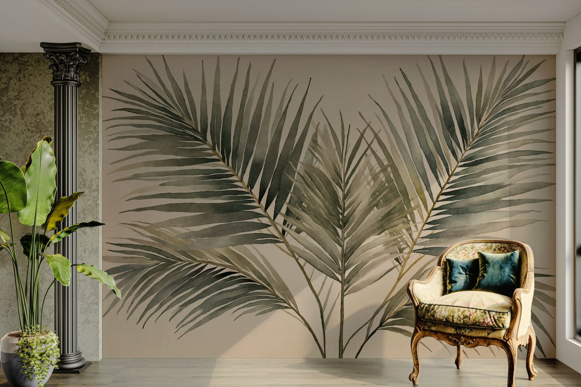 Emerald Palm Fronds wallpaper mural with olive green and teal palm leaves in an elegant living room with an armchair