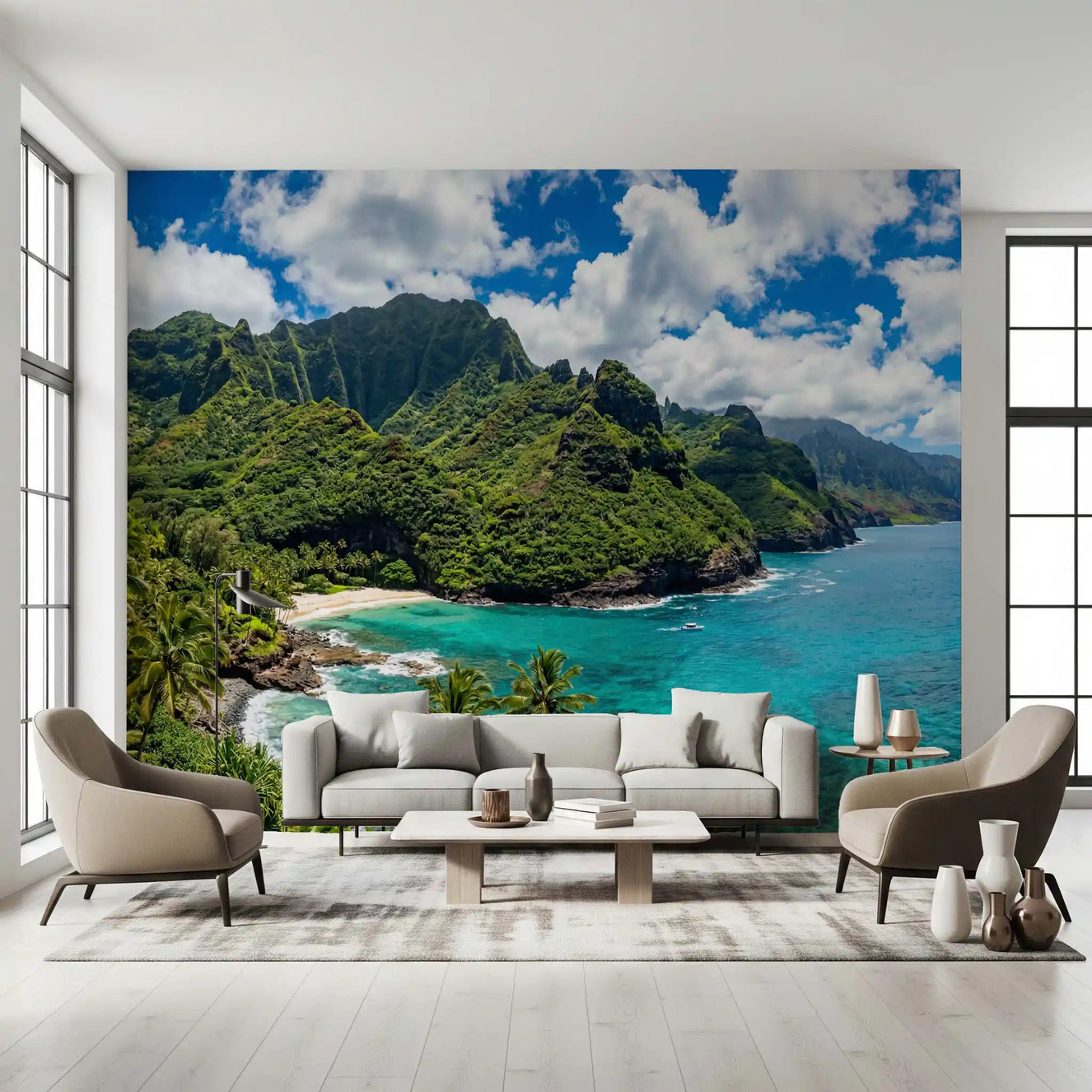 Living room tropical coast wall mural emerald ocean view