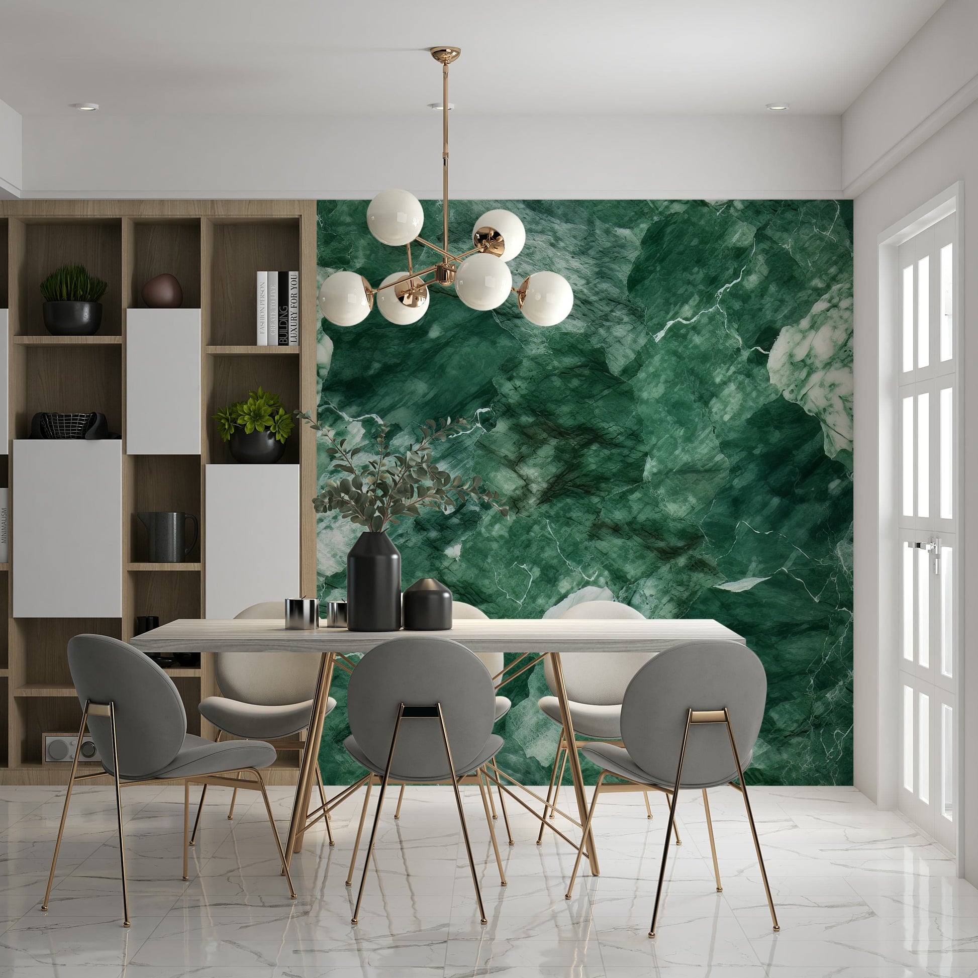 Wall mural depicting deep green stone with organic patterns for statement walls.
