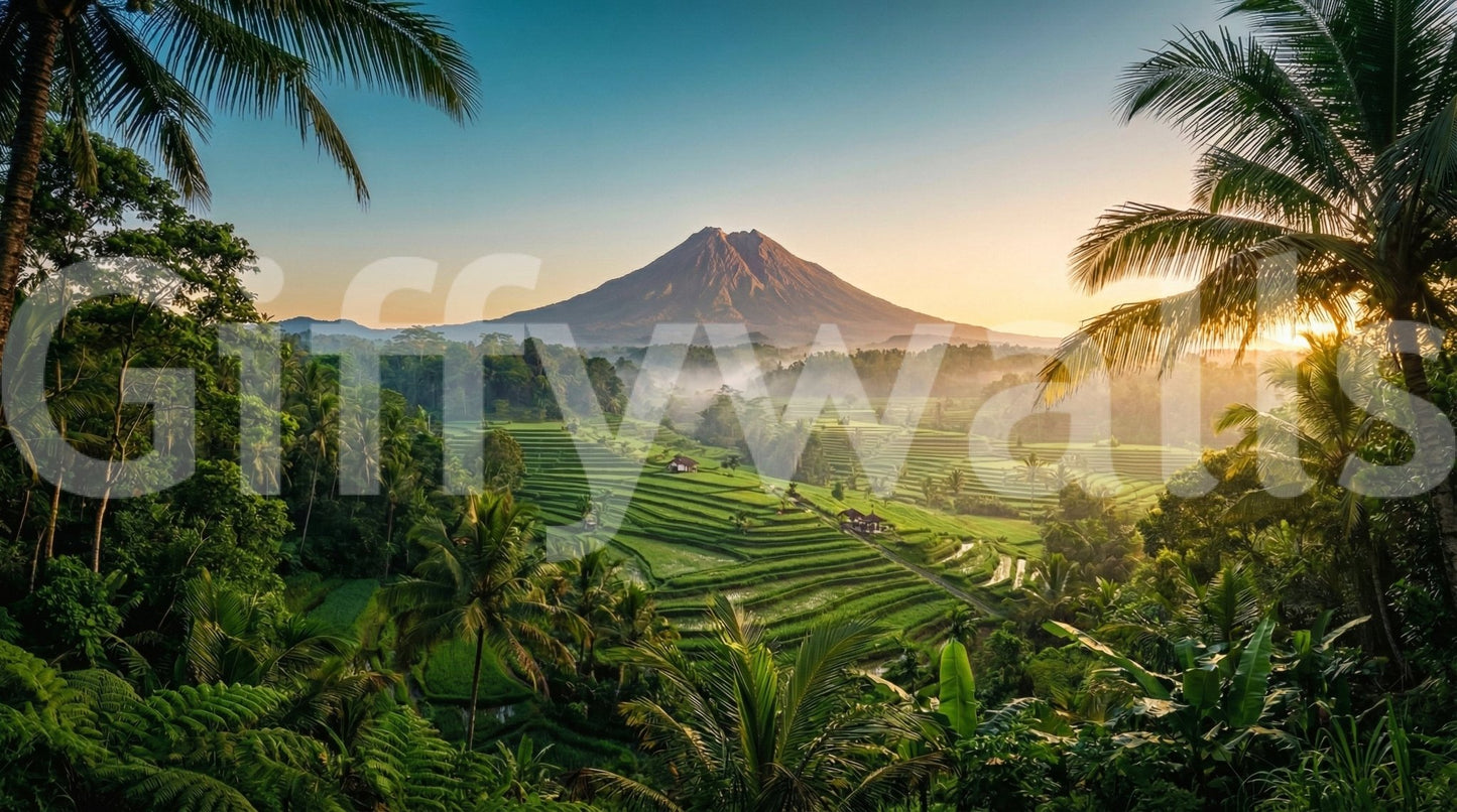 Green landscape wall mural with rice fields and distant volcano scene