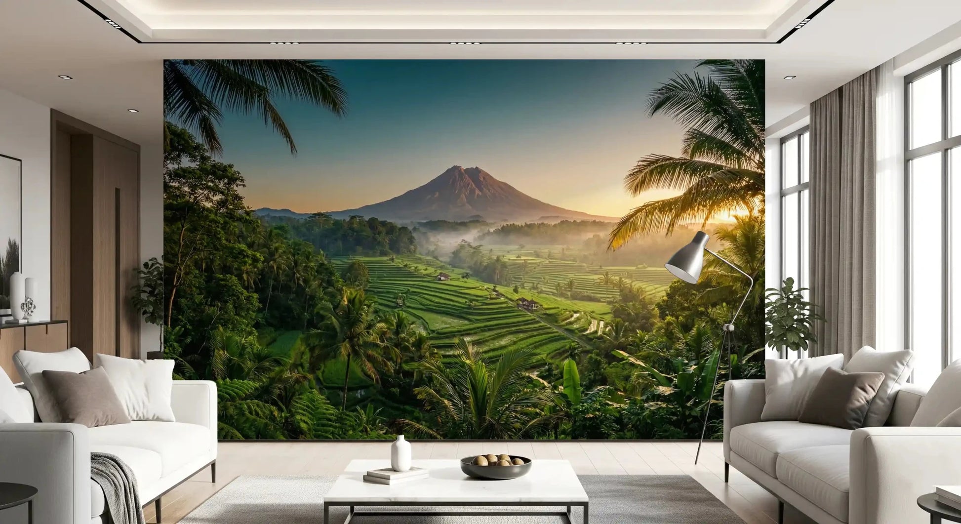 Emerald terrace wall mural in a living room with volcanic dawn landscape
