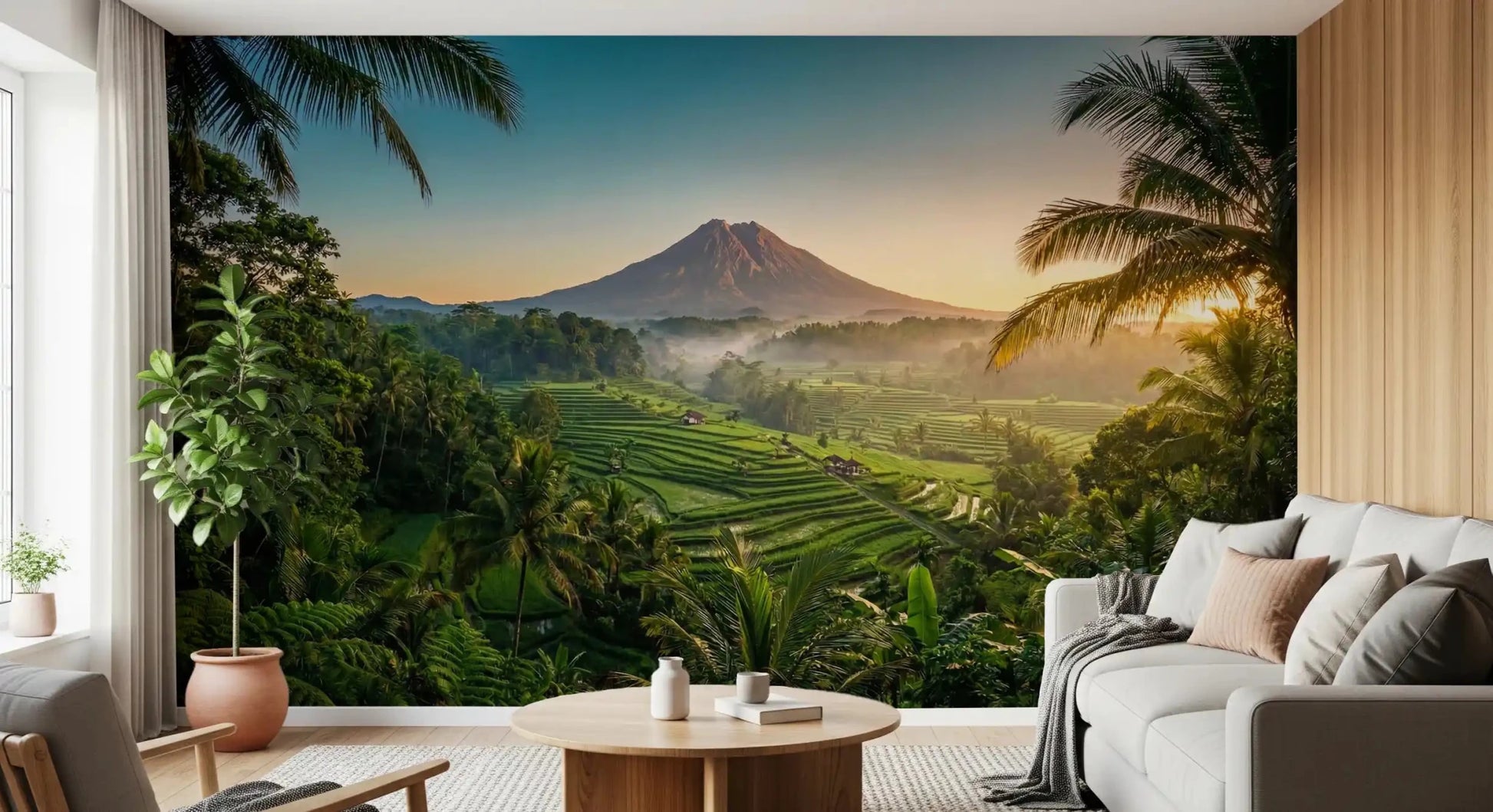 Emerald rice terrace wall mural with tropical palms and volcano view
