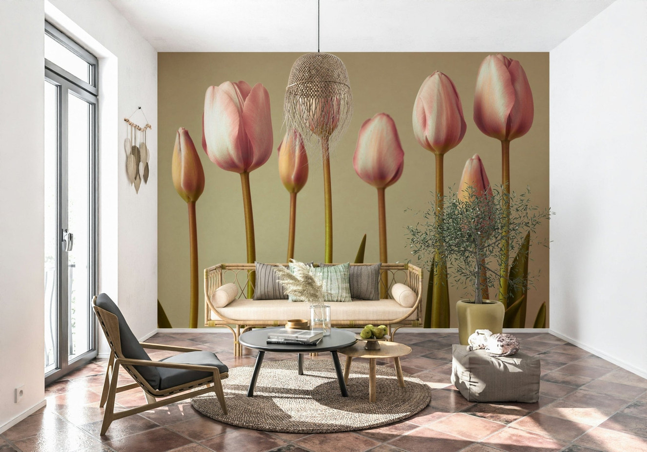 Soft pink tulips wall mural on neutral