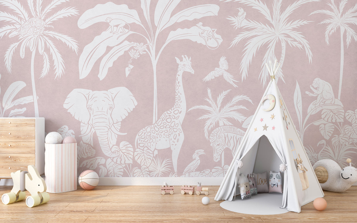 Monochrome Jungle Pink Wall mural of white safari animals on dusty pink behind a kids teepee tent and toy dresser