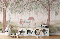 Temporary Unicorn Forest Green Wallpaper Mural in a bright playroom featuring a round white rug and toys.