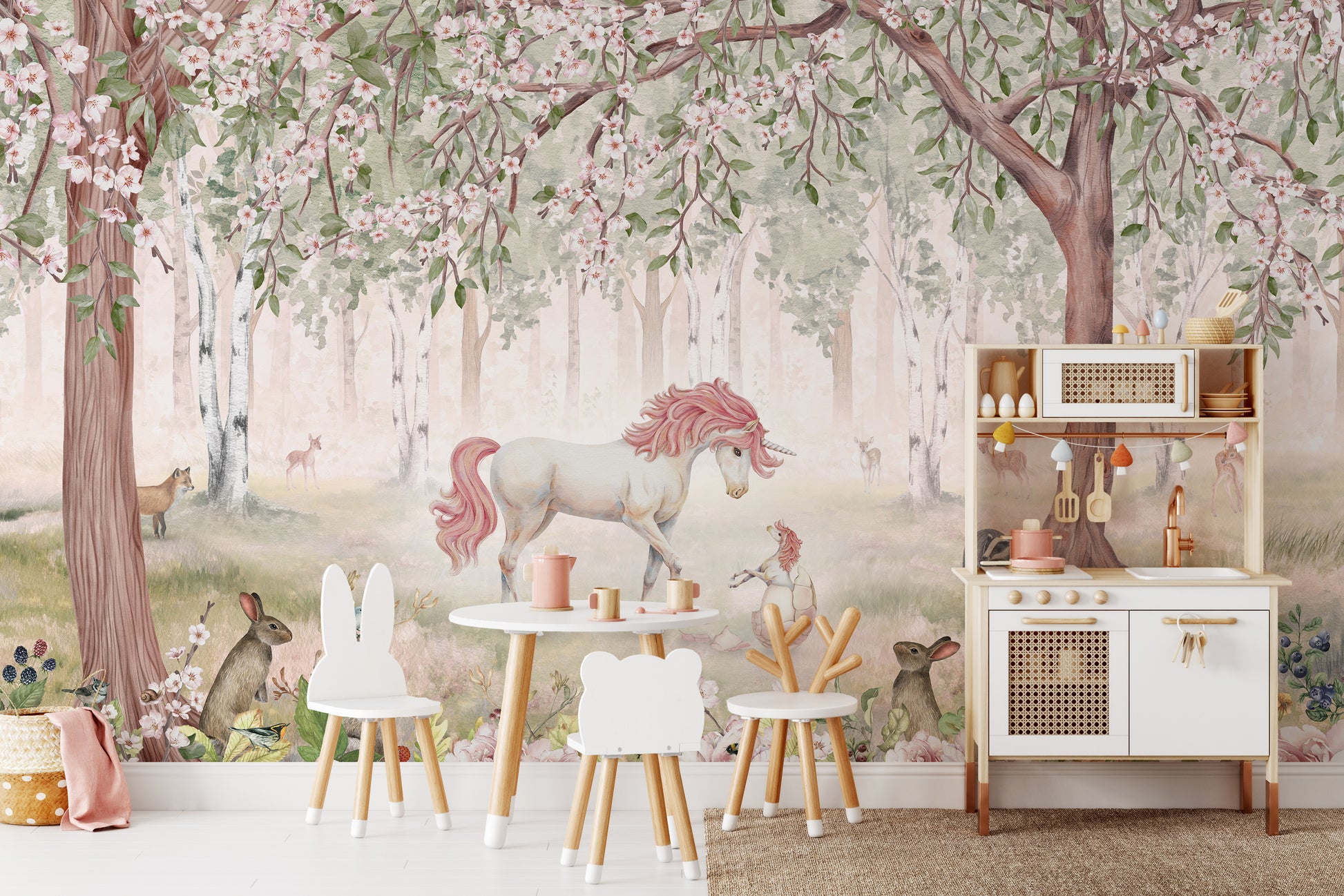 Peel and stick Unicorn Forest Green wall Mural in a playroom with white bunny chairs and a small table.