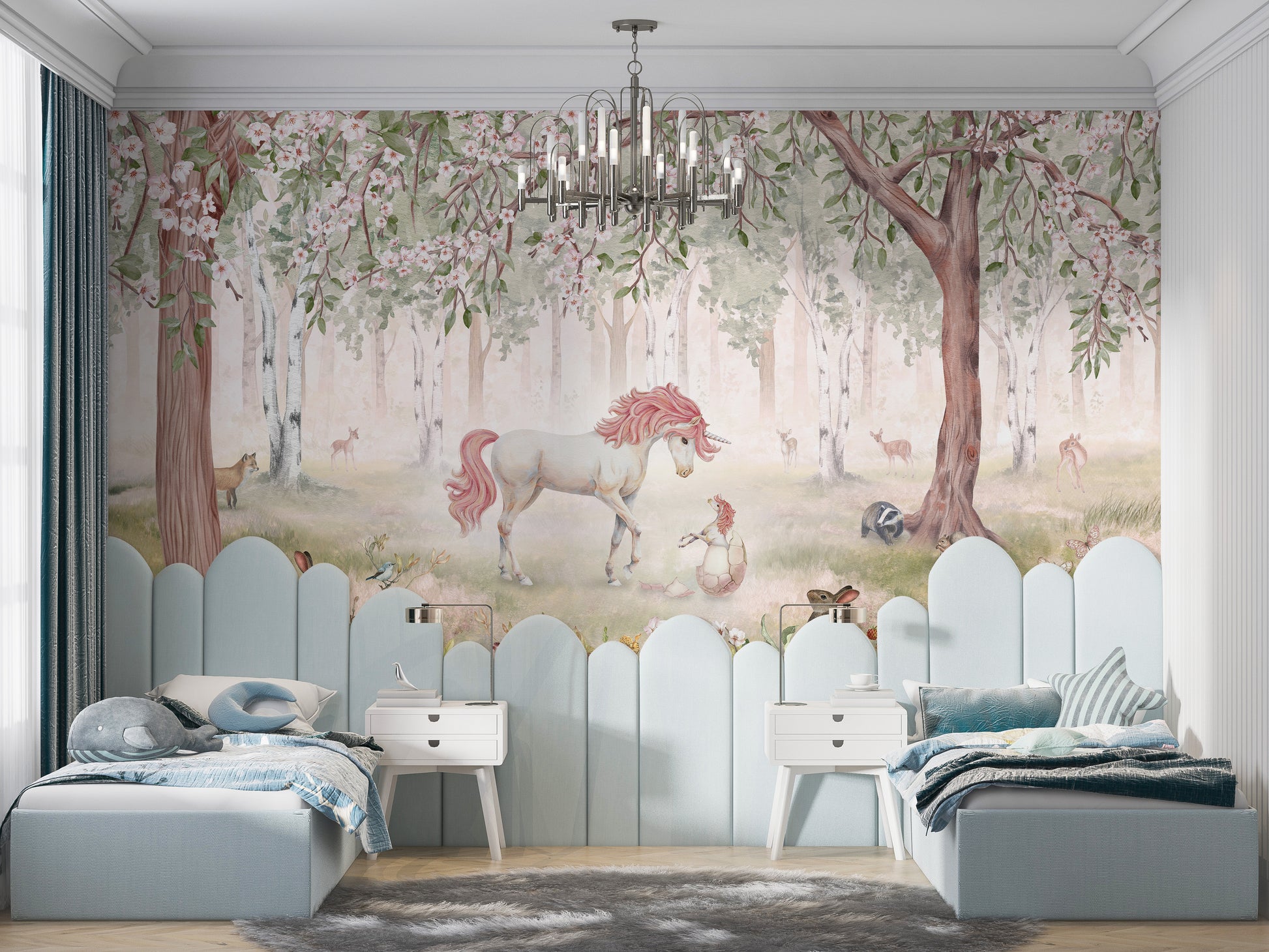 Self adhesive Unicorn Forest Green Wallpaper Mural in a corner with a wooden bench and a classic rocking horse.