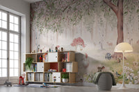 Premium Unicorn Forest Green wall Mural in a bedroom with a soft pink canopy bed for a magical feel.