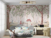 Whimsical Unicorn Forest Green wall Mural on canvas in a play area featuring a white teepee tent.
