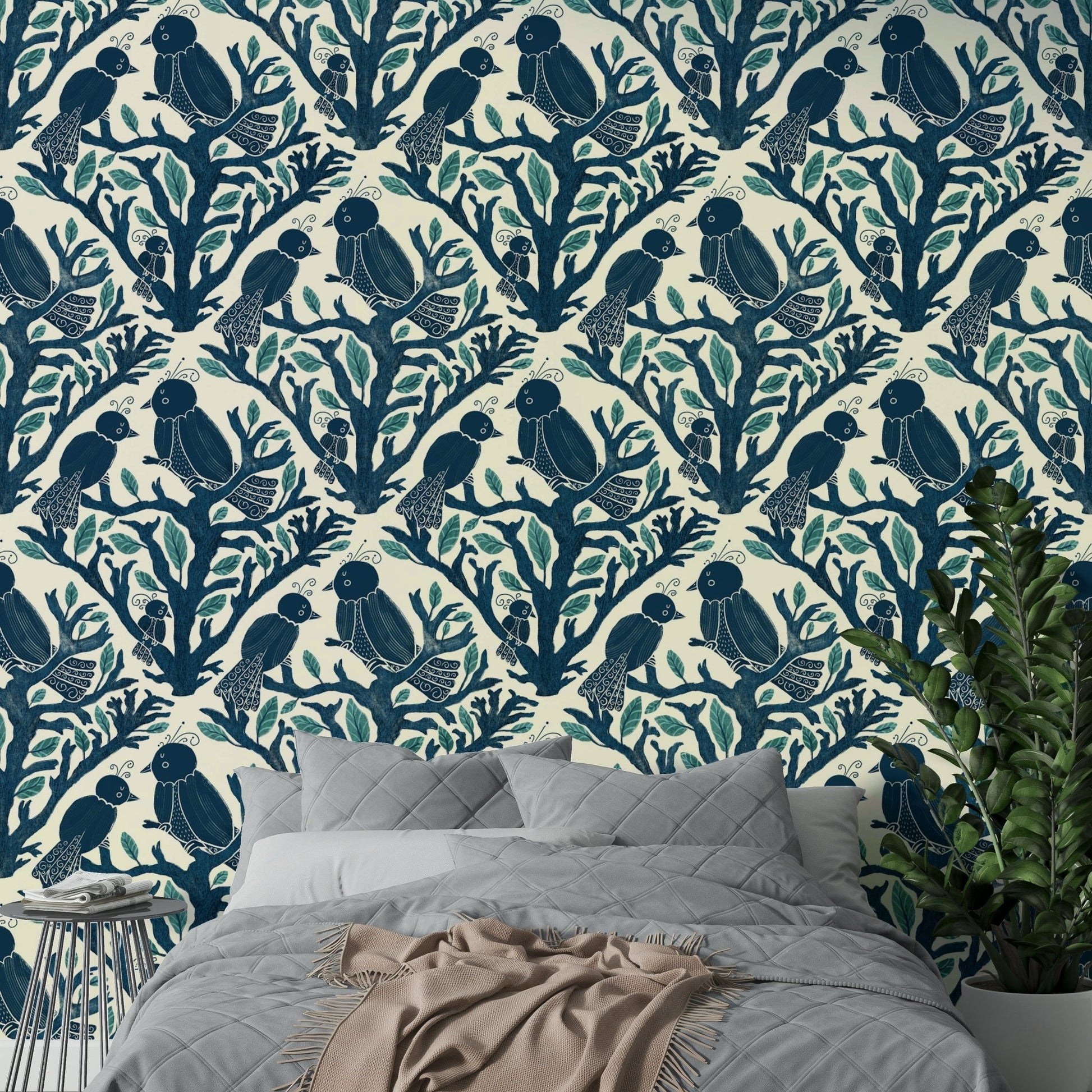 Illustrated aviary wallpaper for feature walls

