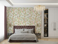 Enchanted floral wallpaper with graceful birds and garden vines.

