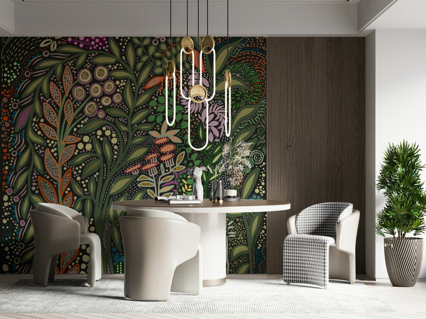 Wall mural depicting exotic Strelitzia flowers amidst lush green garden foliage.