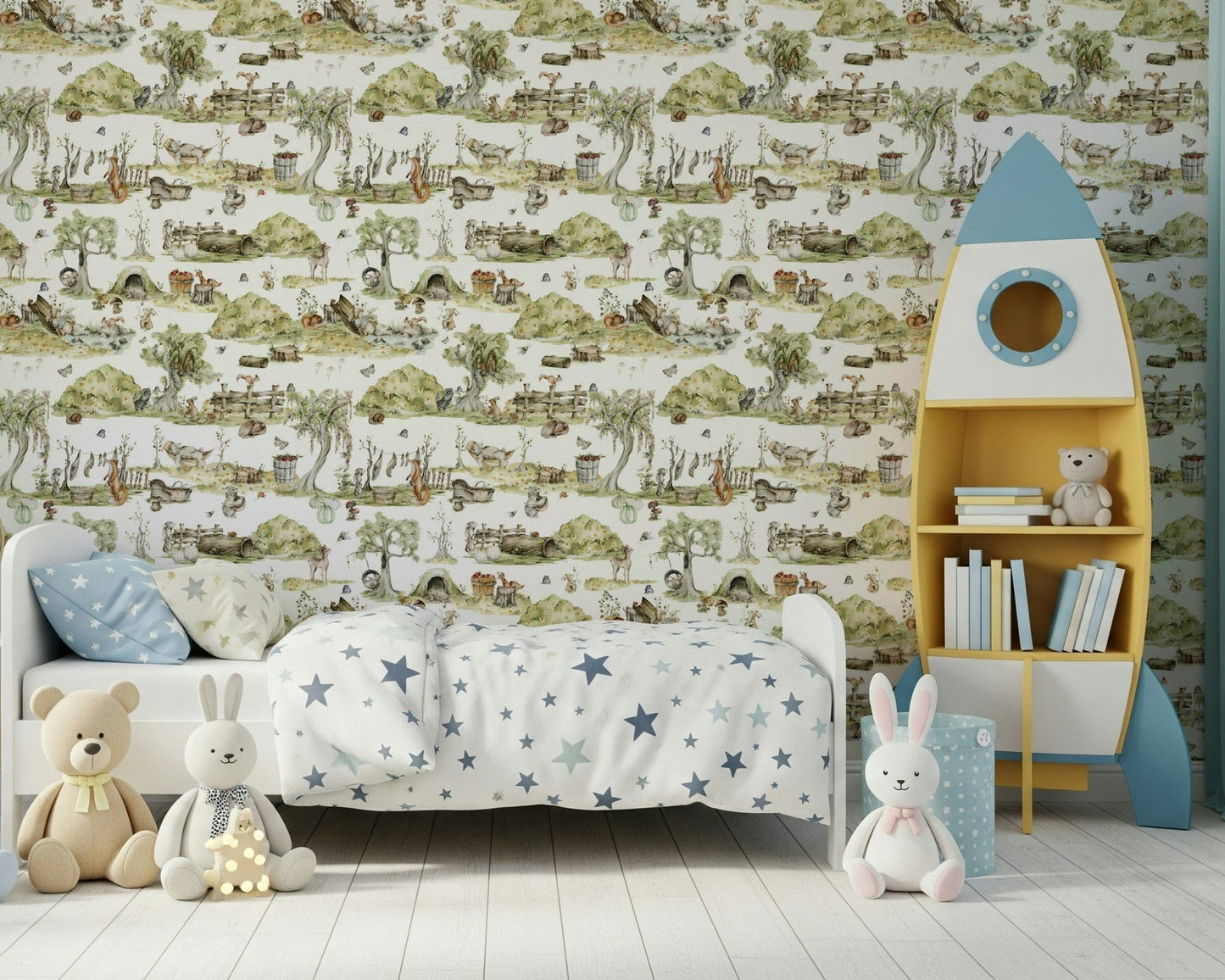 Wall covering, magical Forest Tales, soft greenery and resting animals.