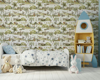 Wall covering, magical Forest Tales, soft greenery and resting animals.