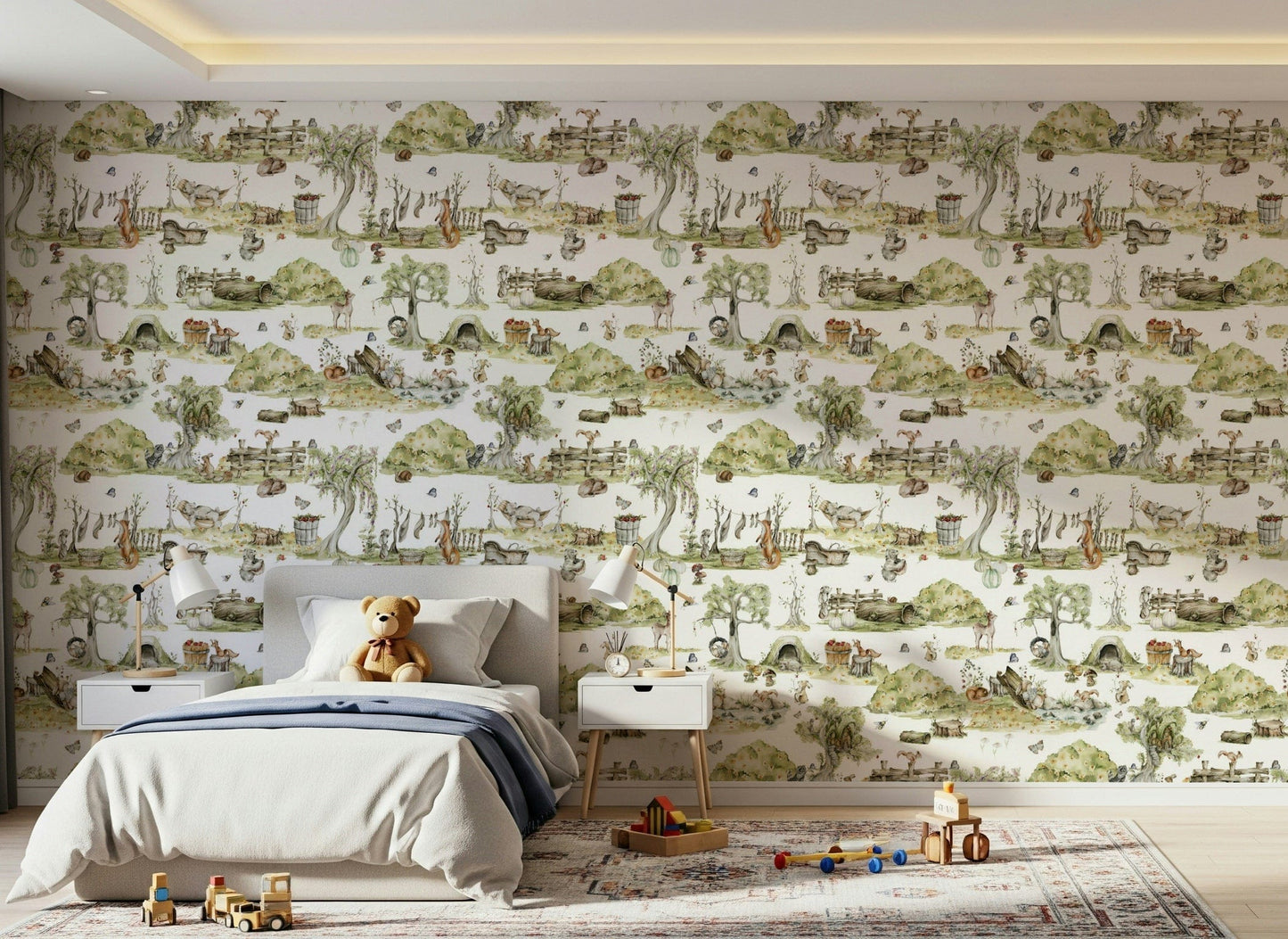 Wall decor featuring Forest Tales, idyllic meadow, trees, and small creatures.