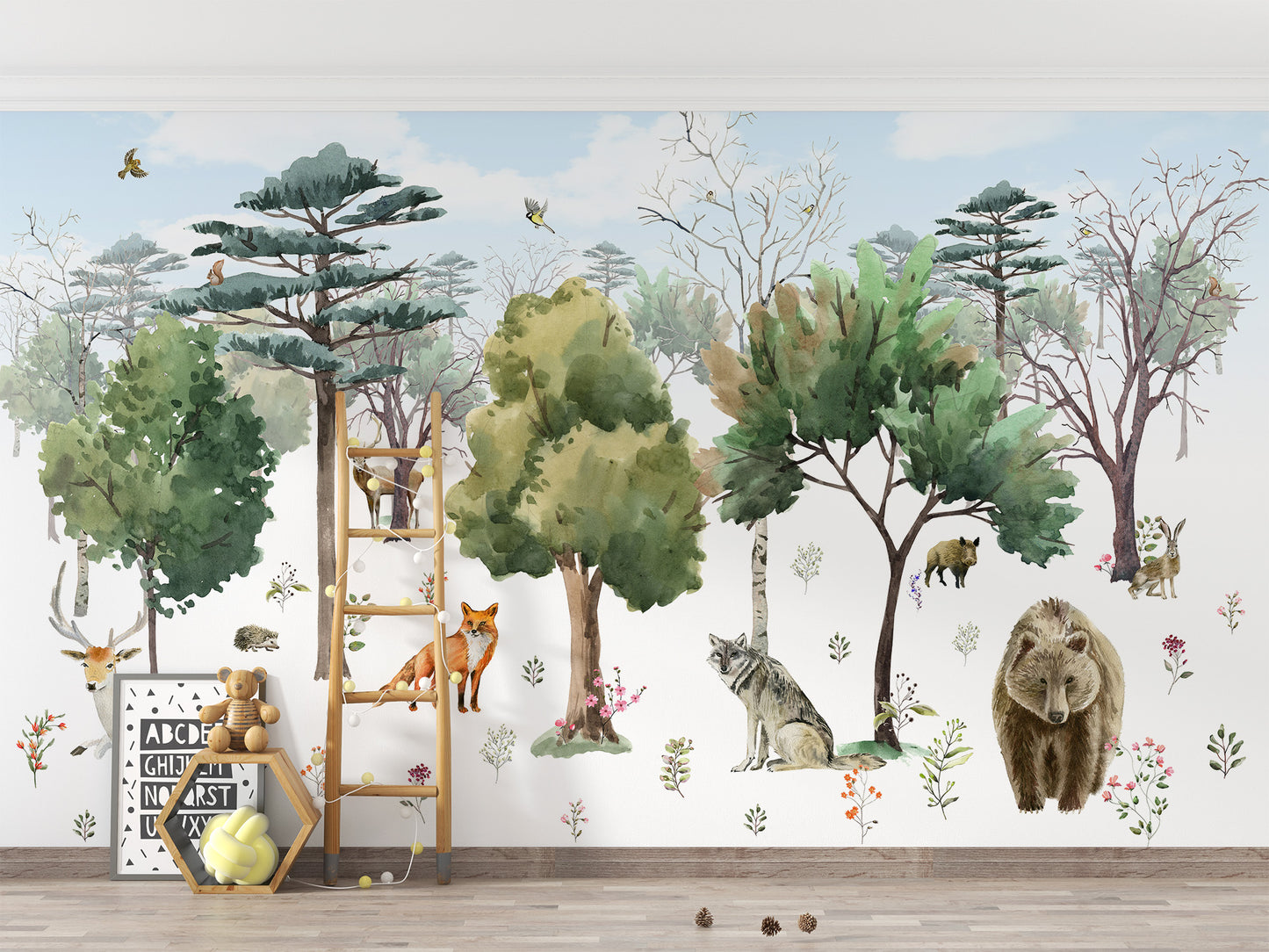 Charming enchanted forest animals wallpaper mural for whimsical walls.