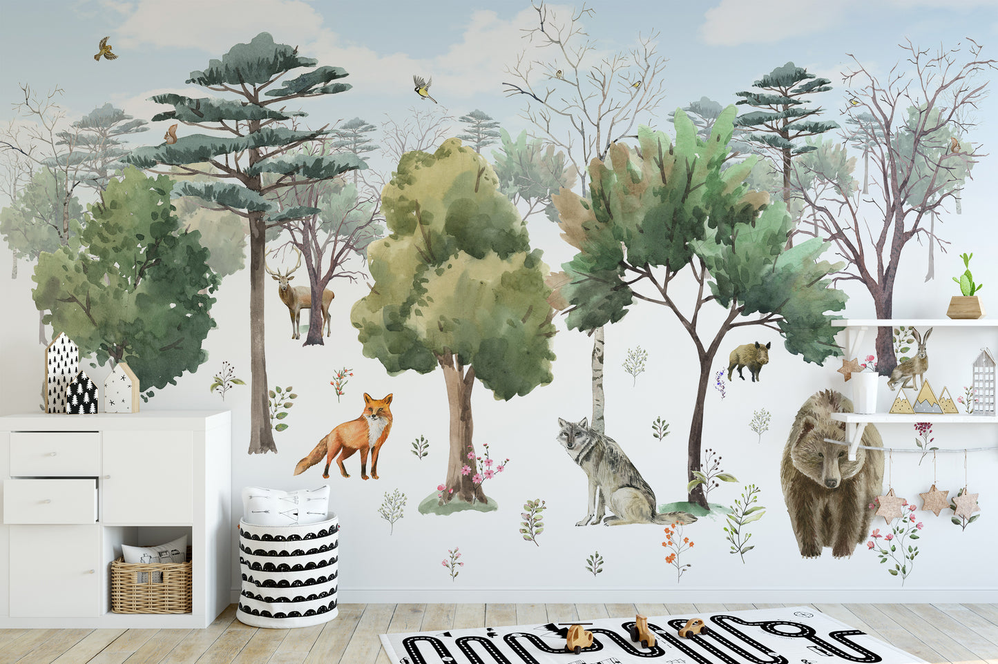 Enchanting woodland creatures mural wallpaper for children’s decor.