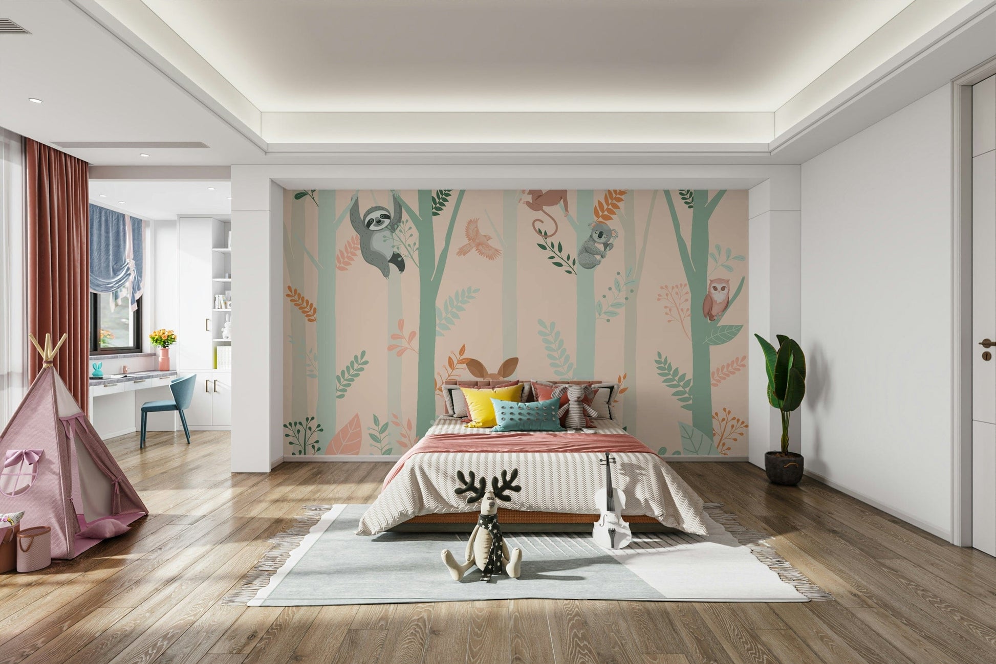 The design features friendly animals in a magical forest.

