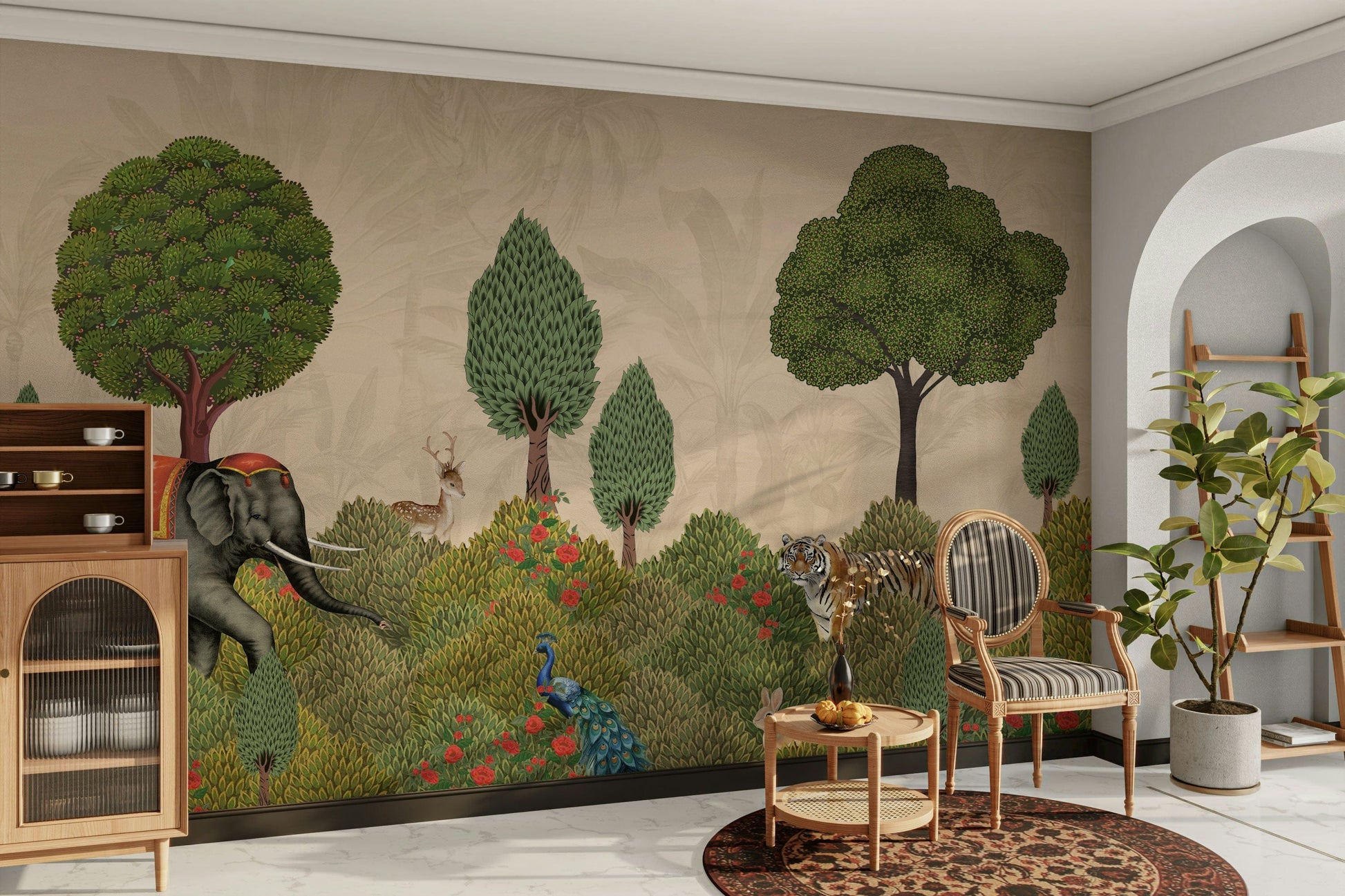 A peaceful forest landscape mural on decorative wallpaper.

