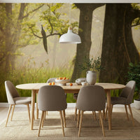 Moody atmosphere near giant trees on Enchanted Lush Forest accent wall.