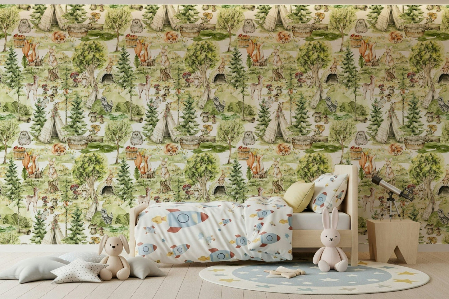 Adorable critter Enchanted Forest Tales wallpaper design.