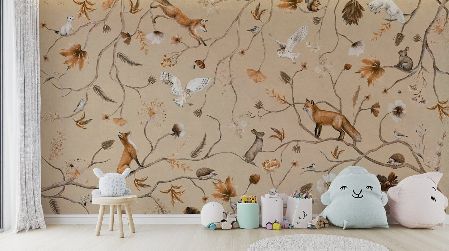 A graceful subtle animal wall mural in cool, natural tones.


