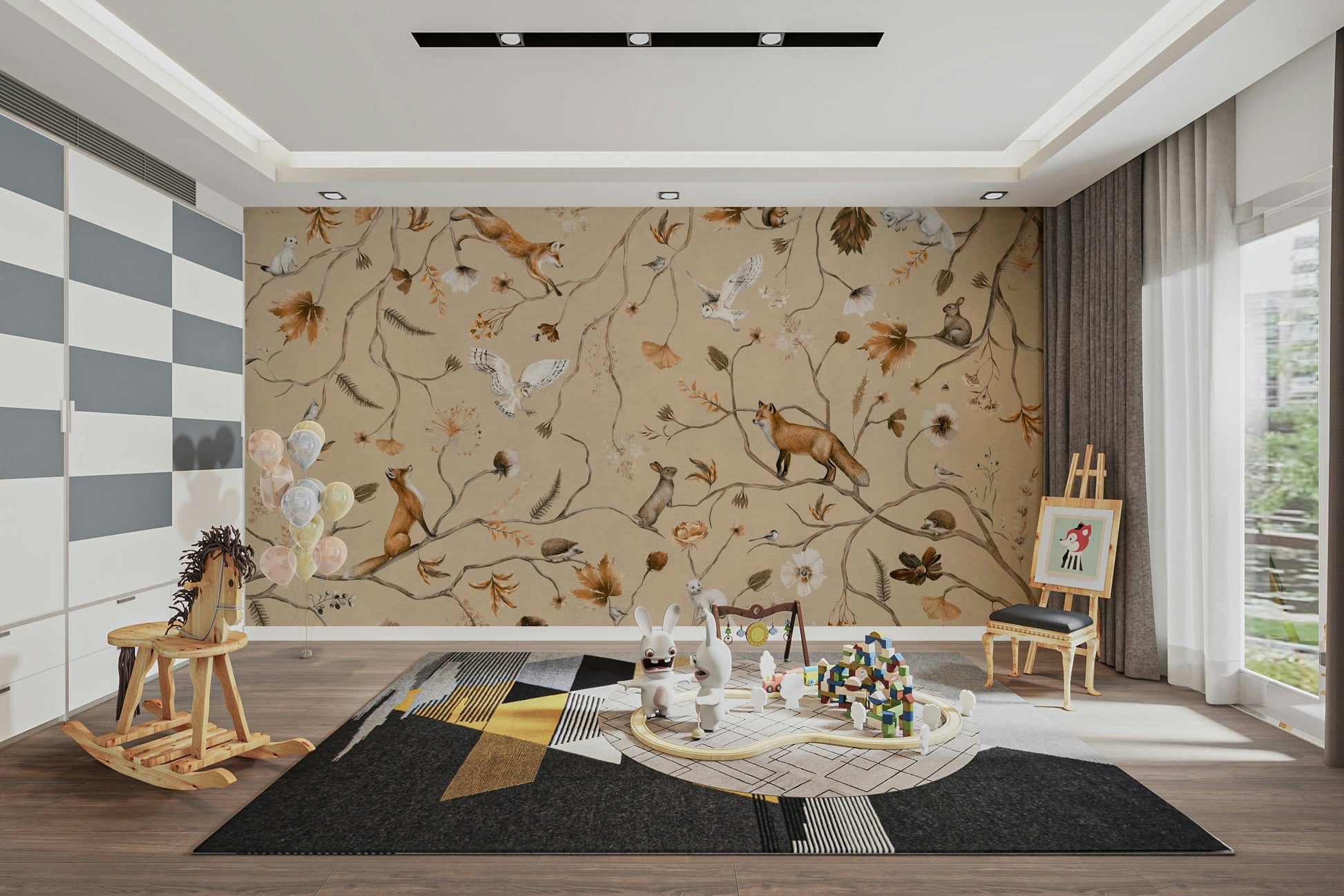 An artistic forest animal mural on minimalist wallpaper.

