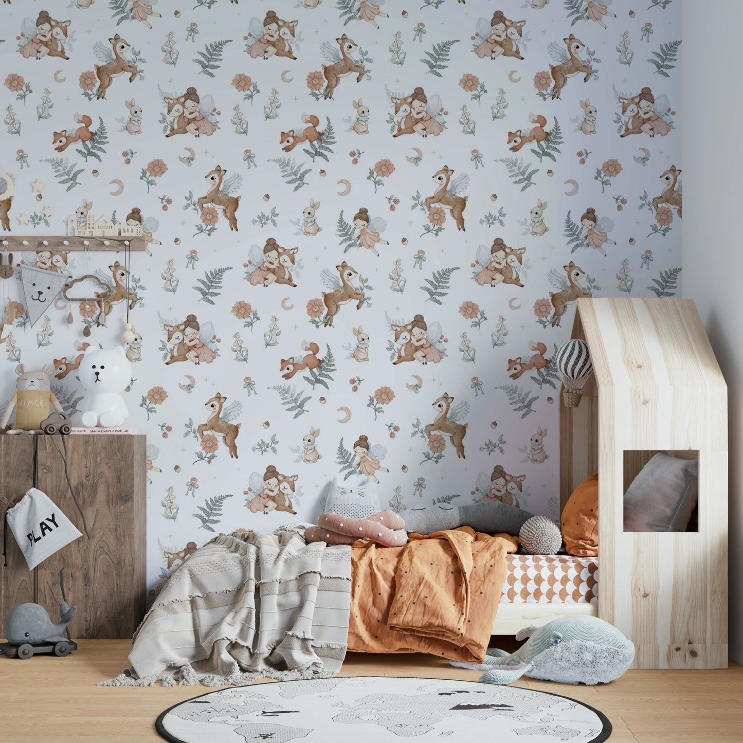 Enchanted forest wallpaper design with towering trees

