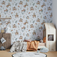Enchanted forest wallpaper design with towering trees

