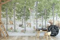Forest scene with animals and lush greenery