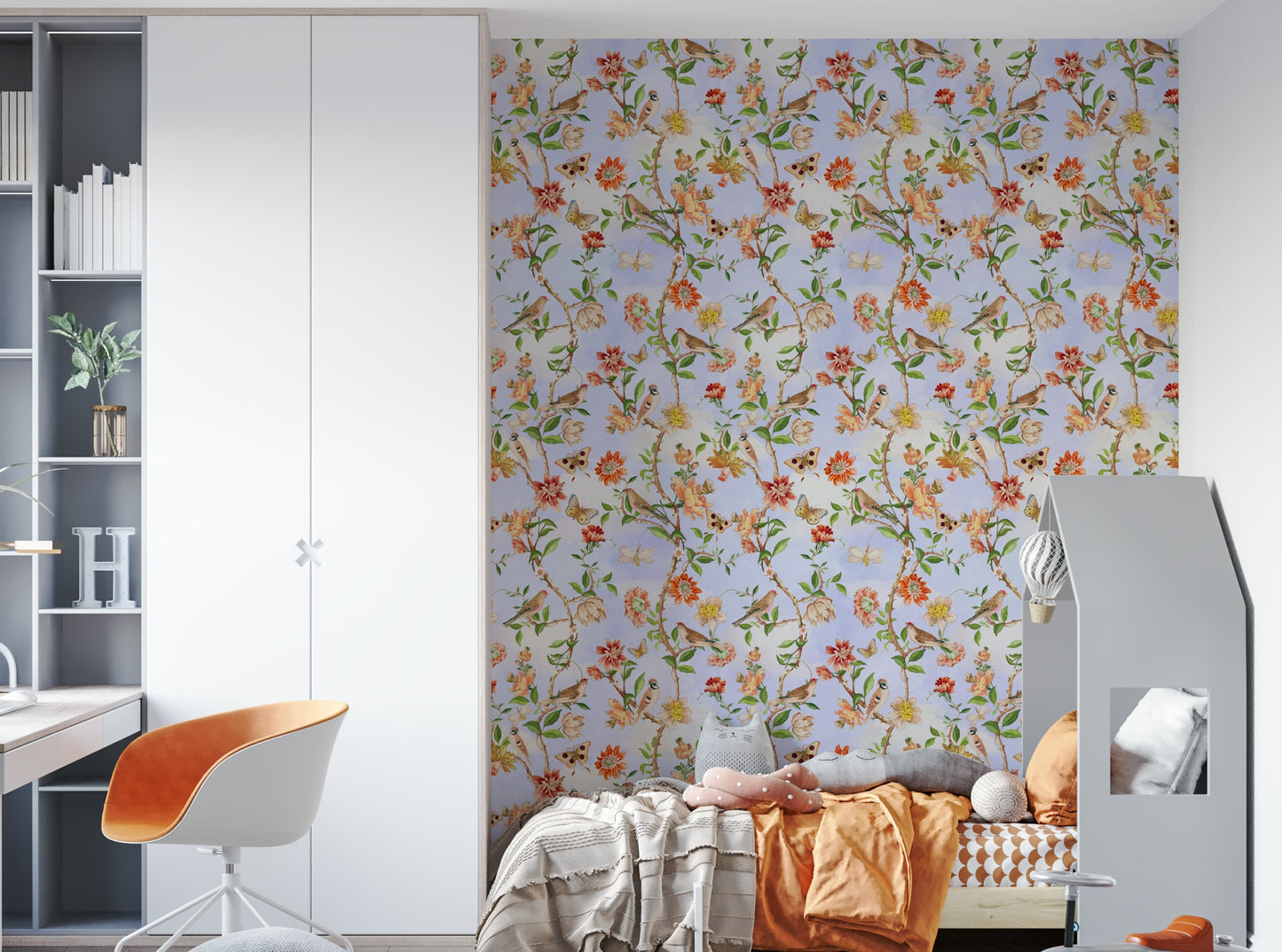 Hand-drawn bird and floral mural on a light neutral background.

