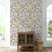 Vintage-style wallpaper with watercolor birds and botanical elements.

