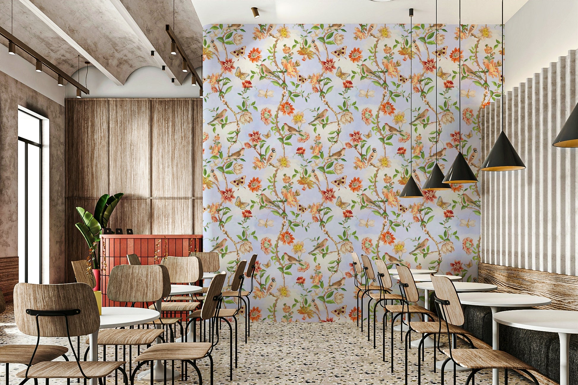 Enchanted garden design with birds resting on flowering branches.

