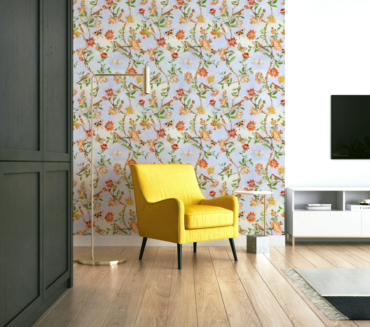 Wallpaper with birds, vines, and blush florals for serene interiors.

