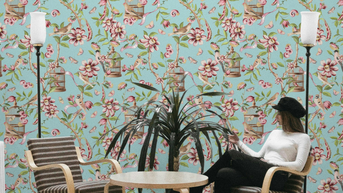 Enchanted Garden Birds Wallpaper with pink flowers and birdcages.

