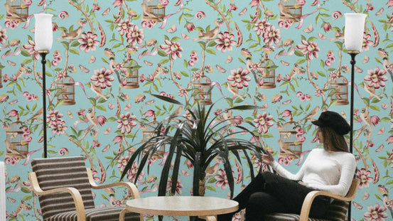 Enchanted Garden Birds Wallpaper with pink flowers and birdcages.

