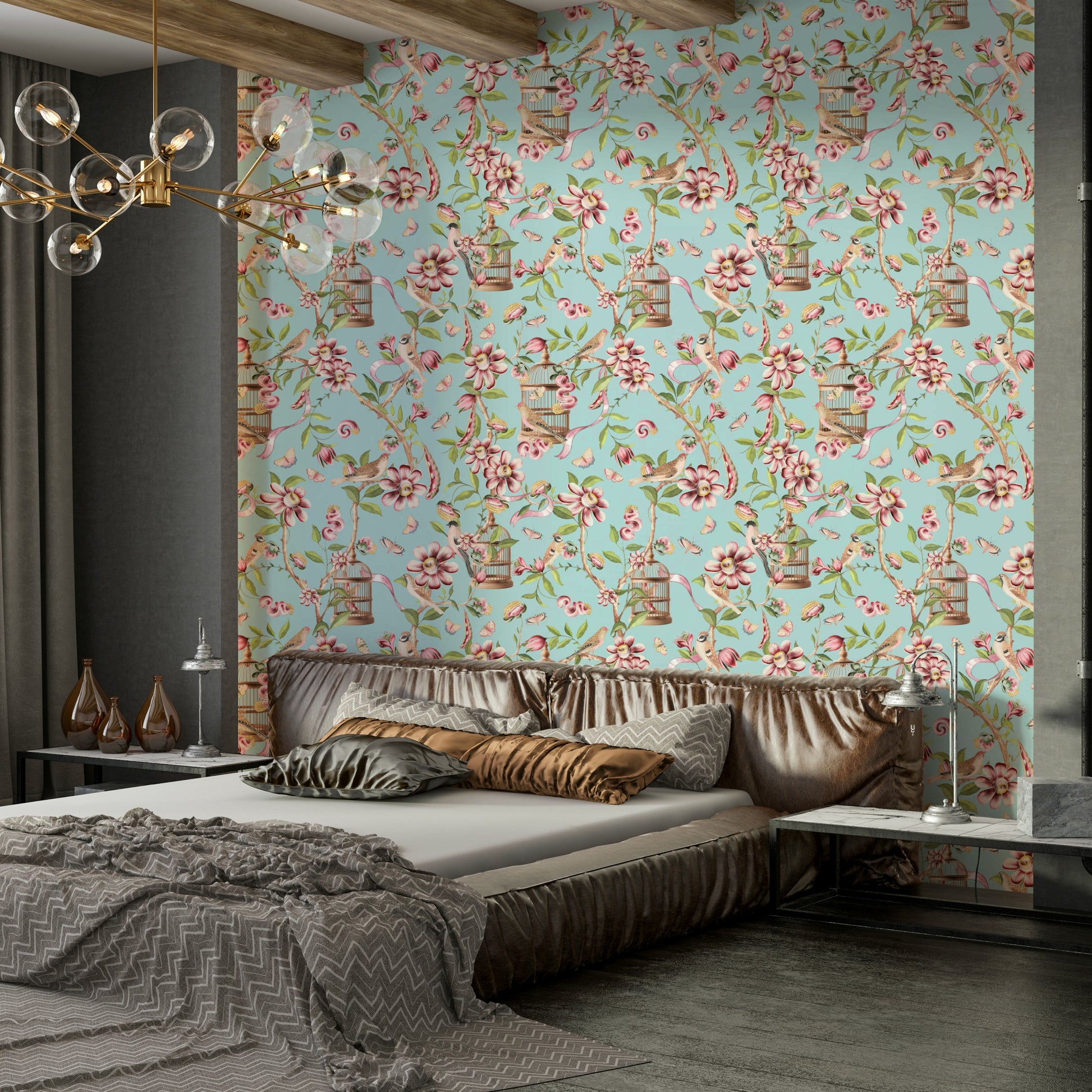 Birds perched on branches with pink flowers and butterflies.

