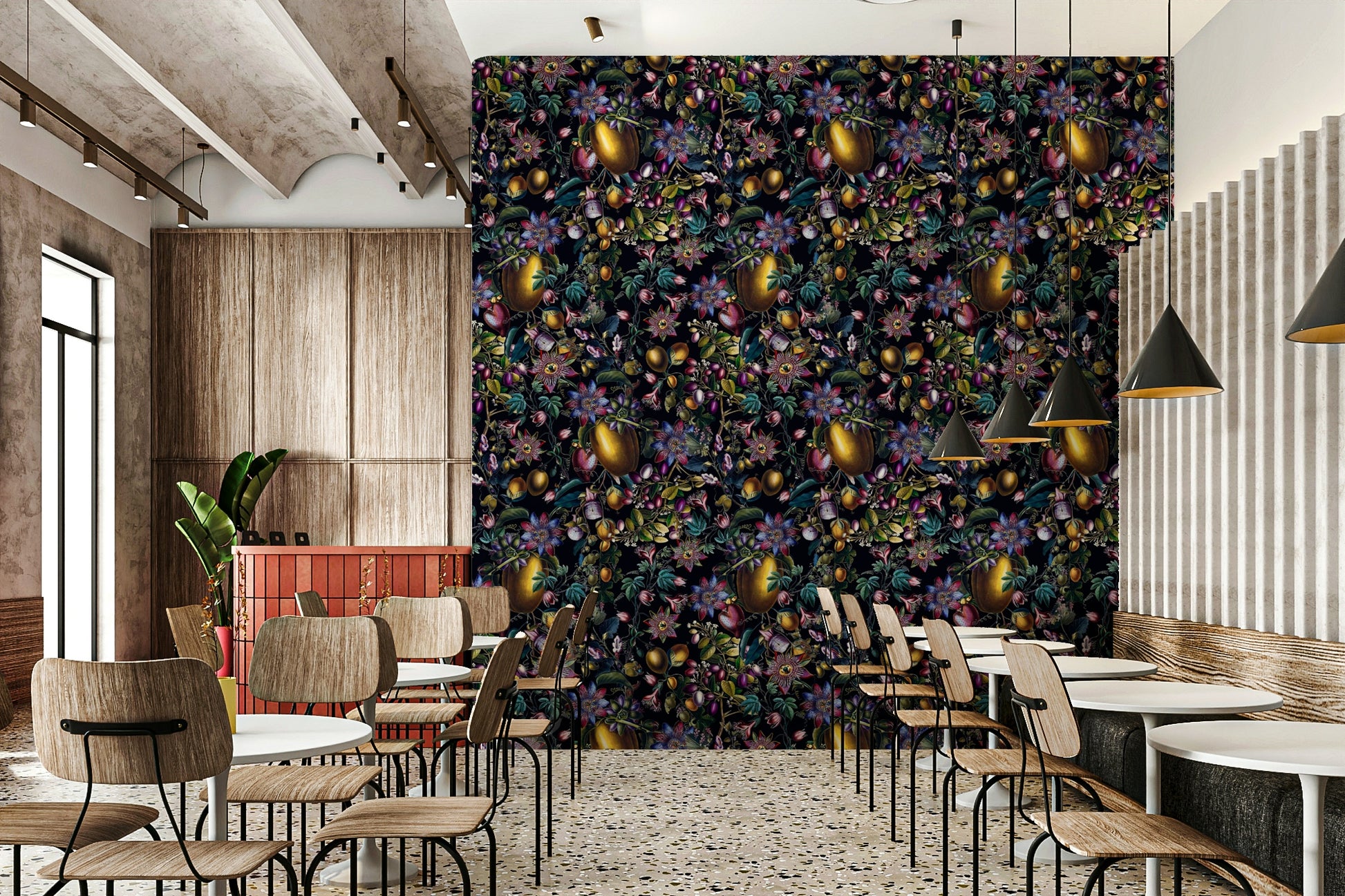 Detailed floral wallpaper with winding vines and soft flower designs.

