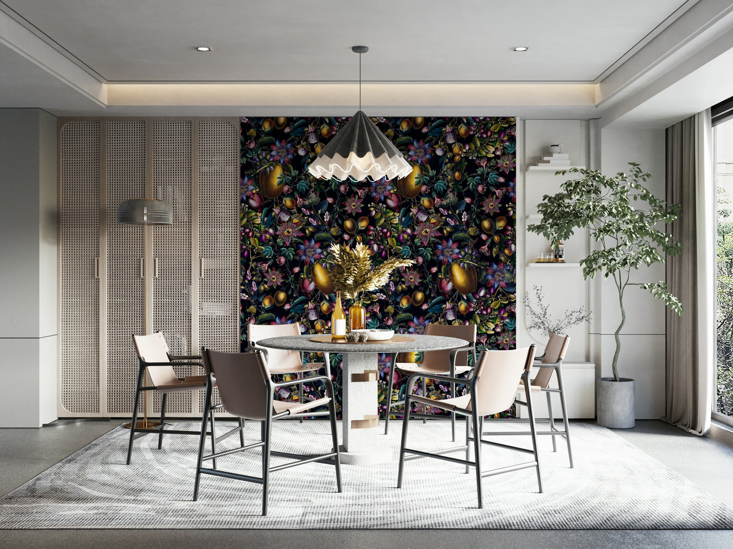 Dreamy floral mural with soft blooms and lush, green foliage.

